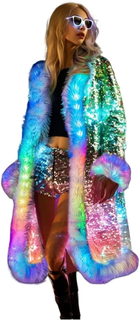 LED Light up Sequin Coat for Women Flash Sparkly Jacket Rave Costume Music Festival Outfits Parties Halloween Holiday