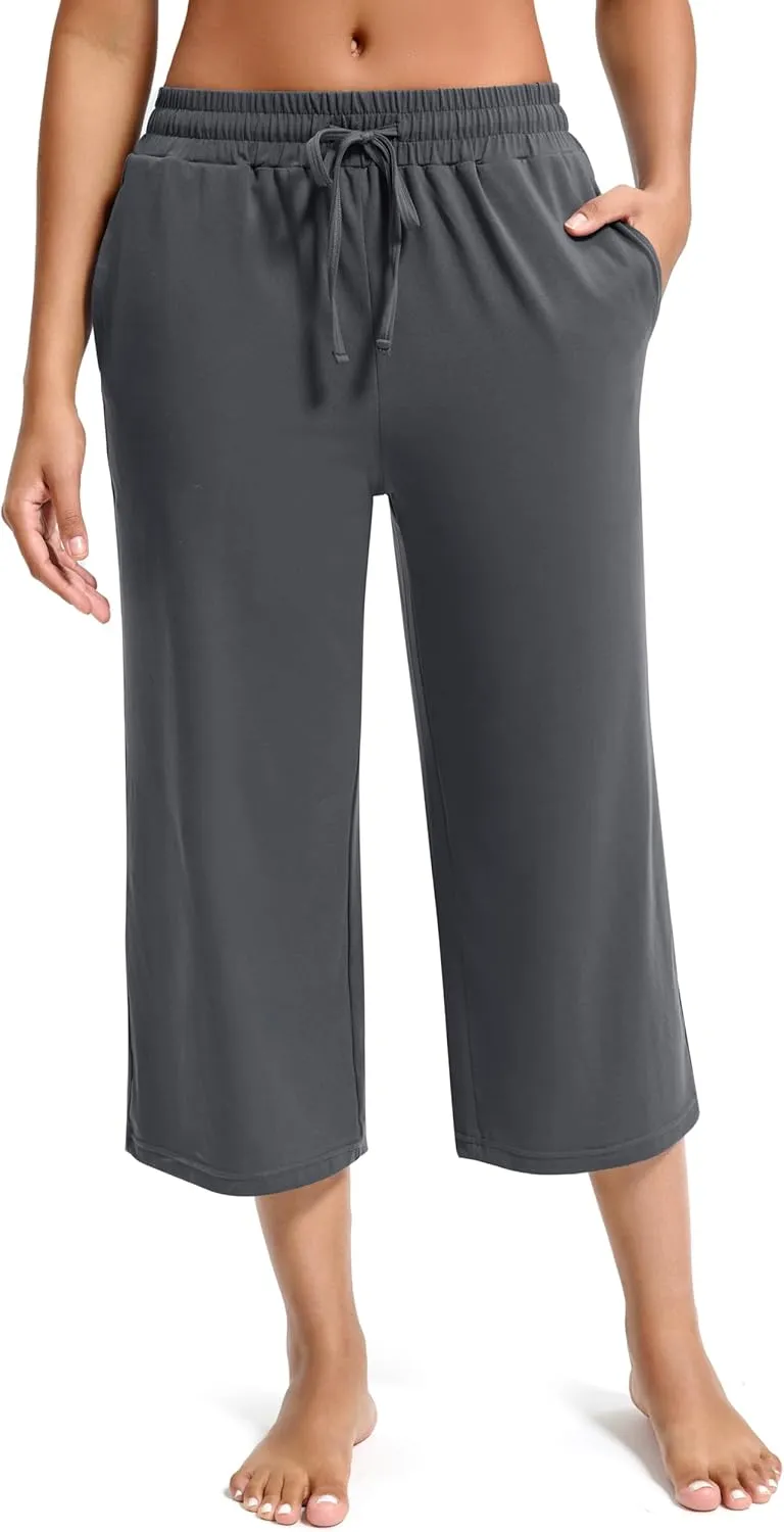 Maxbee Wide Leg Capri Pants for Women Loose Yoga Pants Drawstring Comfy Lounge Sweatpants with Pockets