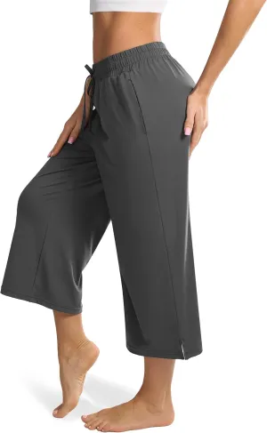 Maxbee Wide Leg Capri Pants for Women Loose Yoga Pants Drawstring Comfy Lounge Sweatpants with Pockets