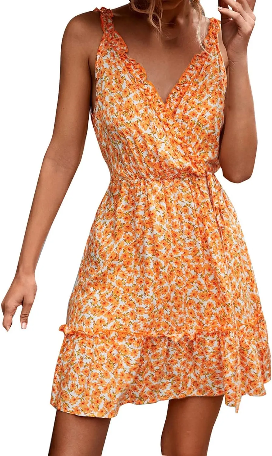 Maxi Sundresses for Women Women's Dresses Summer Floral Printed Ruffle Hem Sleeveless V Neck Beach Mini (Orange, M)