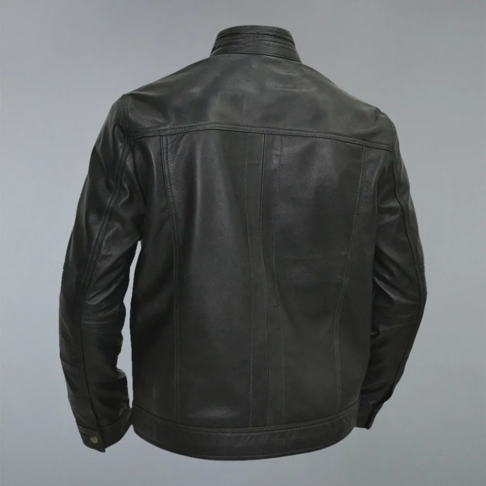 Men's Black Golden Material Café Racer Genuine Sheepskin Leather Jacket