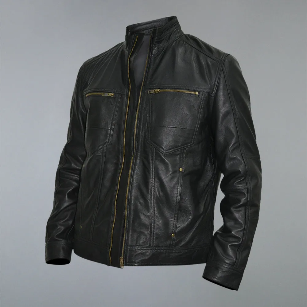 Men's Black Golden Material Café Racer Genuine Sheepskin Leather Jacket