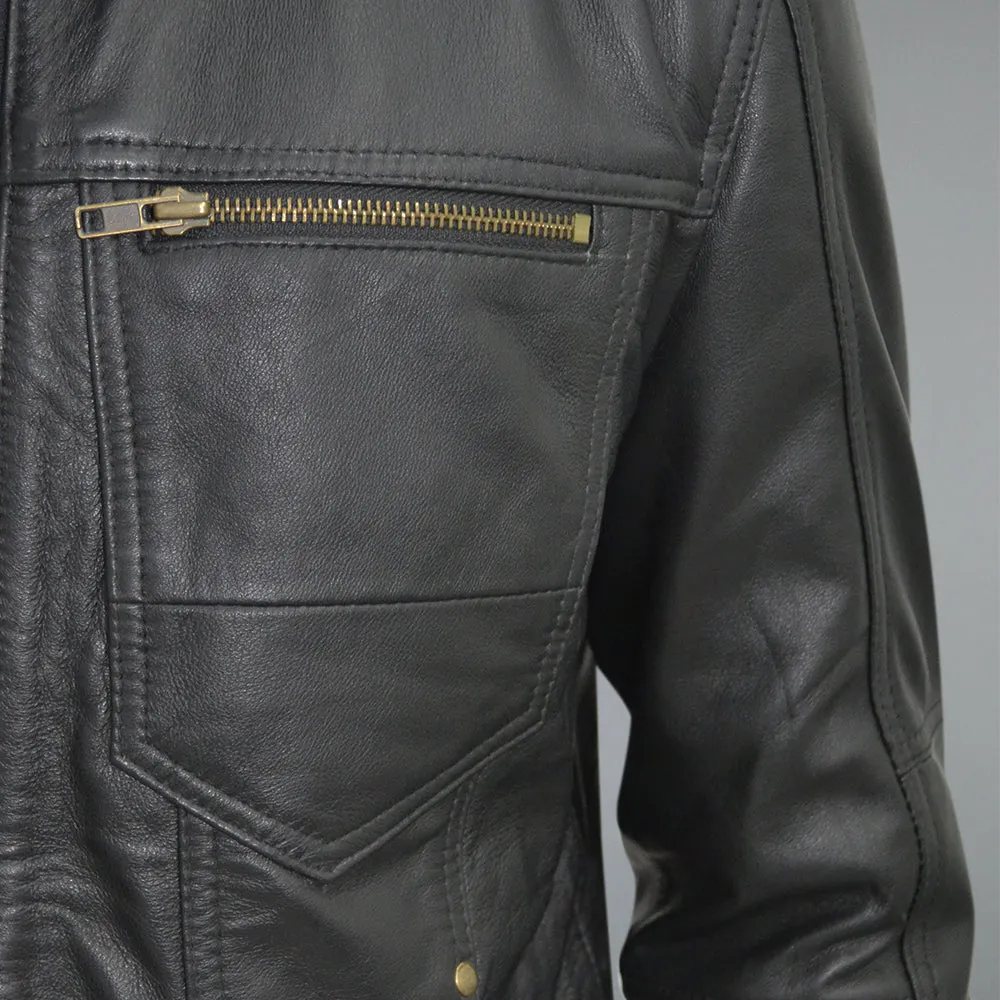 Men's Black Golden Material Café Racer Genuine Sheepskin Leather Jacket