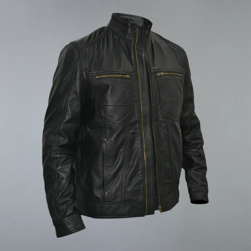 Men's Black Golden Material Café Racer Genuine Sheepskin Leather Jacket