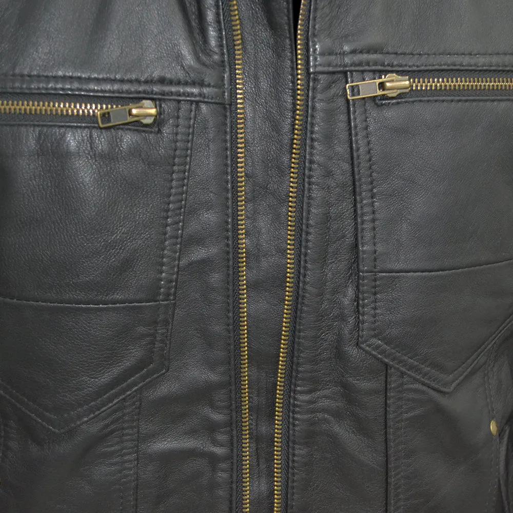 Men's Black Golden Material Café Racer Genuine Sheepskin Leather Jacket