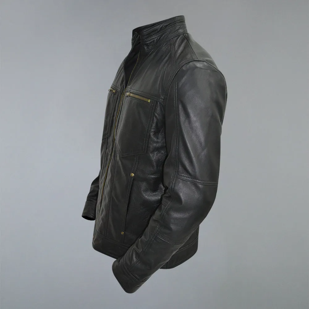 Men's Black Golden Material Café Racer Genuine Sheepskin Leather Jacket