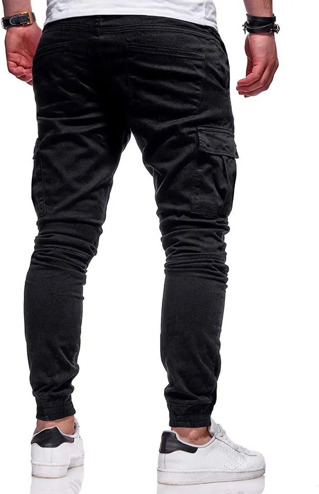 Men's Hiking Twill Chino Cargo Joggers Trousers Slim Fit Lightweight Drawstring Cotton Sweatpants with Multi Pockets