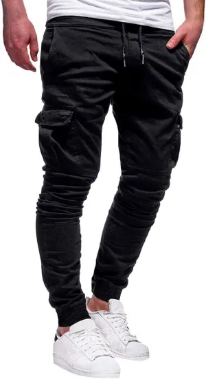 Men's Hiking Twill Chino Cargo Joggers Trousers Slim Fit Lightweight Drawstring Cotton Sweatpants with Multi Pockets