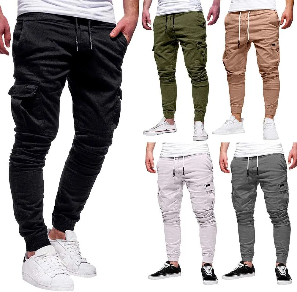 Men's Hiking Twill Chino Cargo Joggers Trousers Slim Fit Lightweight Drawstring Cotton Sweatpants with Multi Pockets