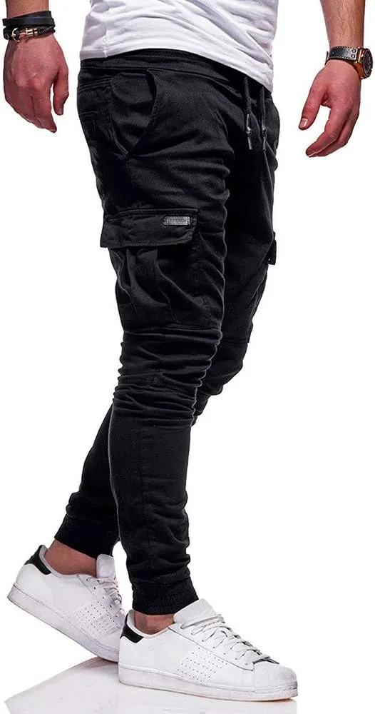 Men's Hiking Twill Chino Cargo Joggers Trousers Slim Fit Lightweight Drawstring Cotton Sweatpants with Multi Pockets