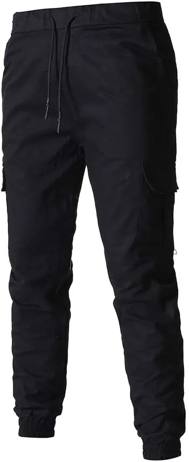 Men's Hiking Twill Chino Cargo Joggers Trousers Slim Fit Lightweight Drawstring Cotton Sweatpants with Multi Pockets
