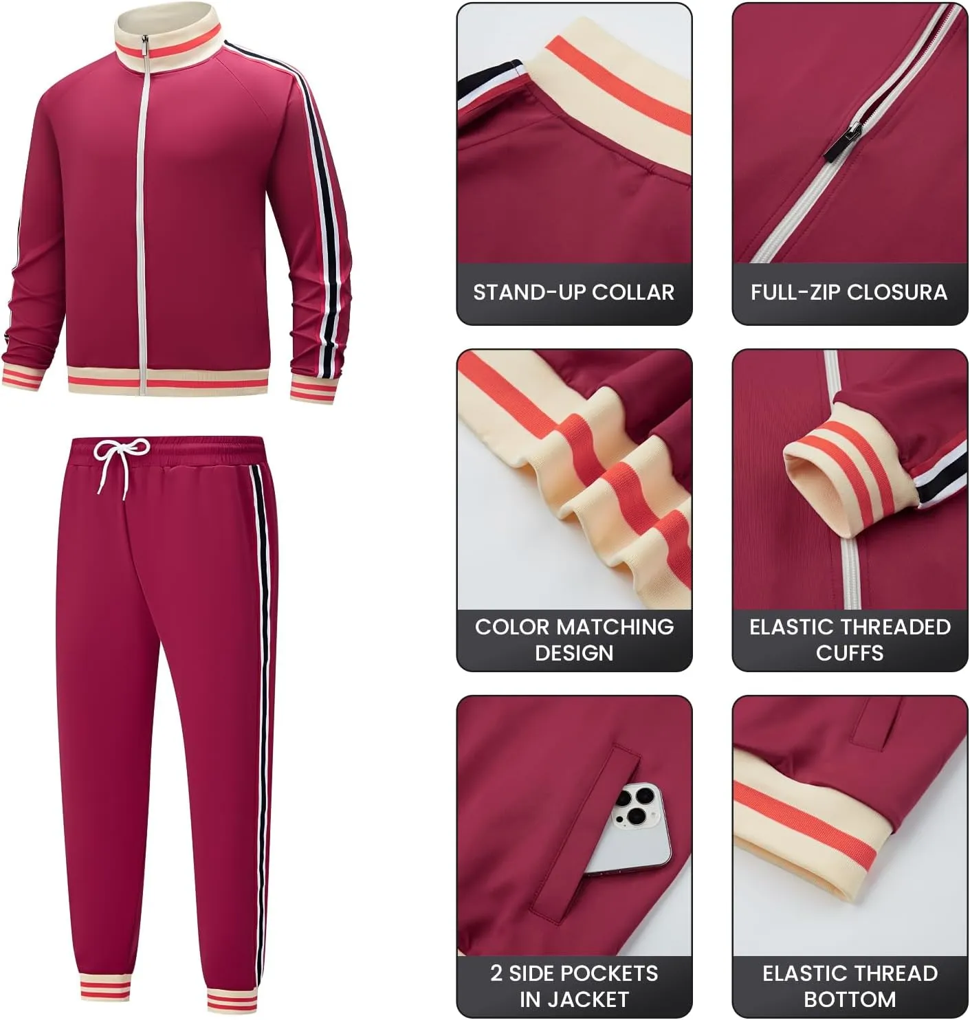 Men's Track suits Sets Long Sleeve Full-zip Sweatsuit Active Jackets and Pants 2 Piece Outfits