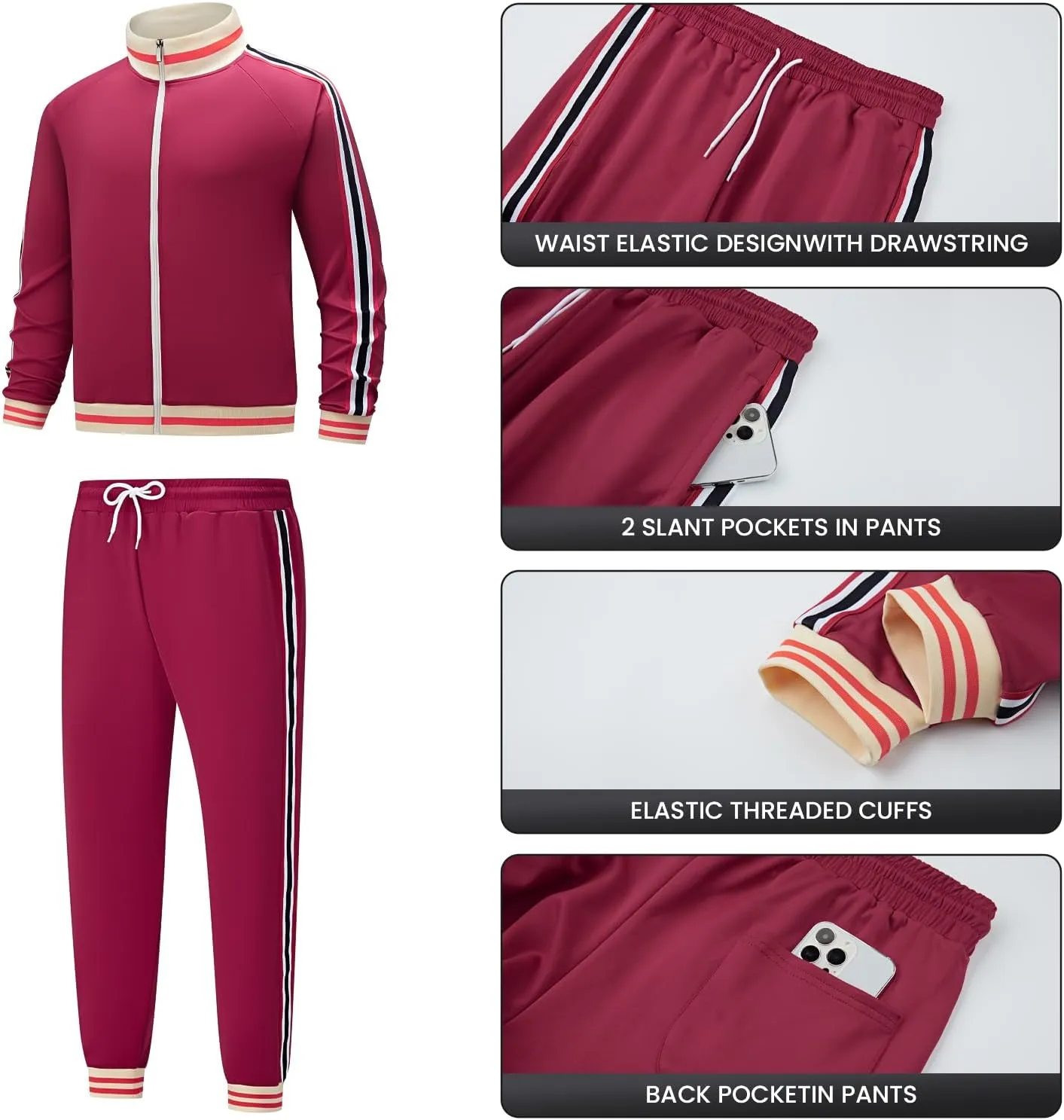Men's Track suits Sets Long Sleeve Full-zip Sweatsuit Active Jackets and Pants 2 Piece Outfits