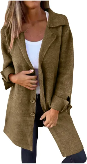 Mid-Length Trench Coats for Women Casual Notched Lapel Wool Single-Breasted Jackets Windbreaker Outerwear Overcoats