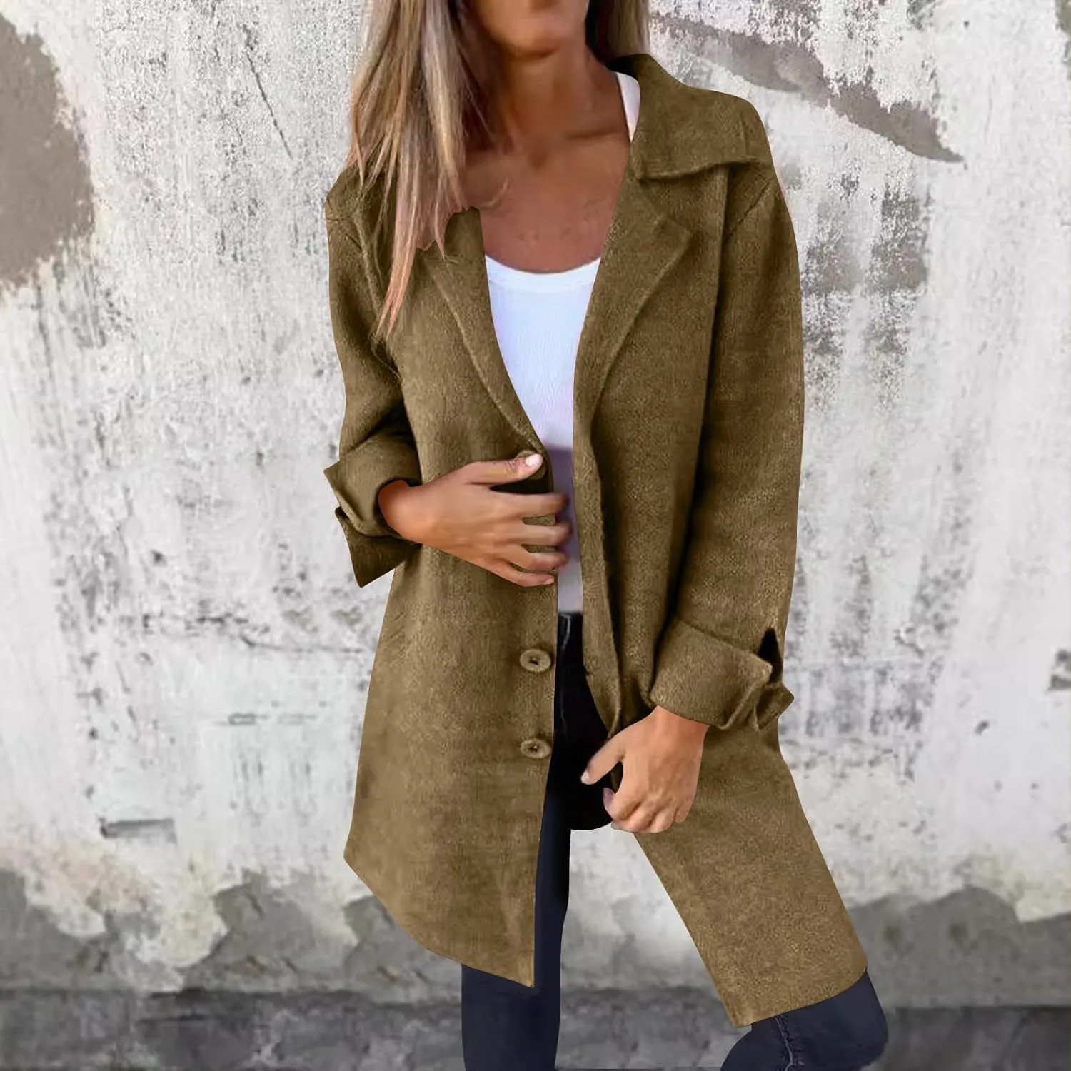 Mid-Length Trench Coats for Women Casual Notched Lapel Wool Single-Breasted Jackets Windbreaker Outerwear Overcoats