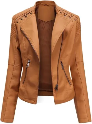 Motorcycle Biker Jackets for Women, Faux Leather Short Jacket, Women Jackets, Slim Casual Coat, Spring and Autumn Short Tops (Color : Camel, Size : Small)