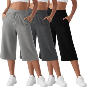 Neer 3 Pack Women's Capri Yoga Pants Cotton Wide Leg Drawstring Loose Sweatpants Comfy Lounge Cropped Pants with Pockets