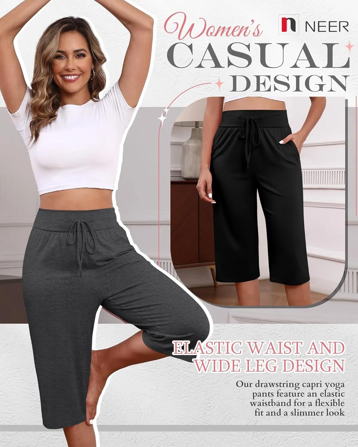 Neer 3 Pack Women's Capri Yoga Pants Cotton Wide Leg Drawstring Loose Sweatpants Comfy Lounge Cropped Pants with Pockets