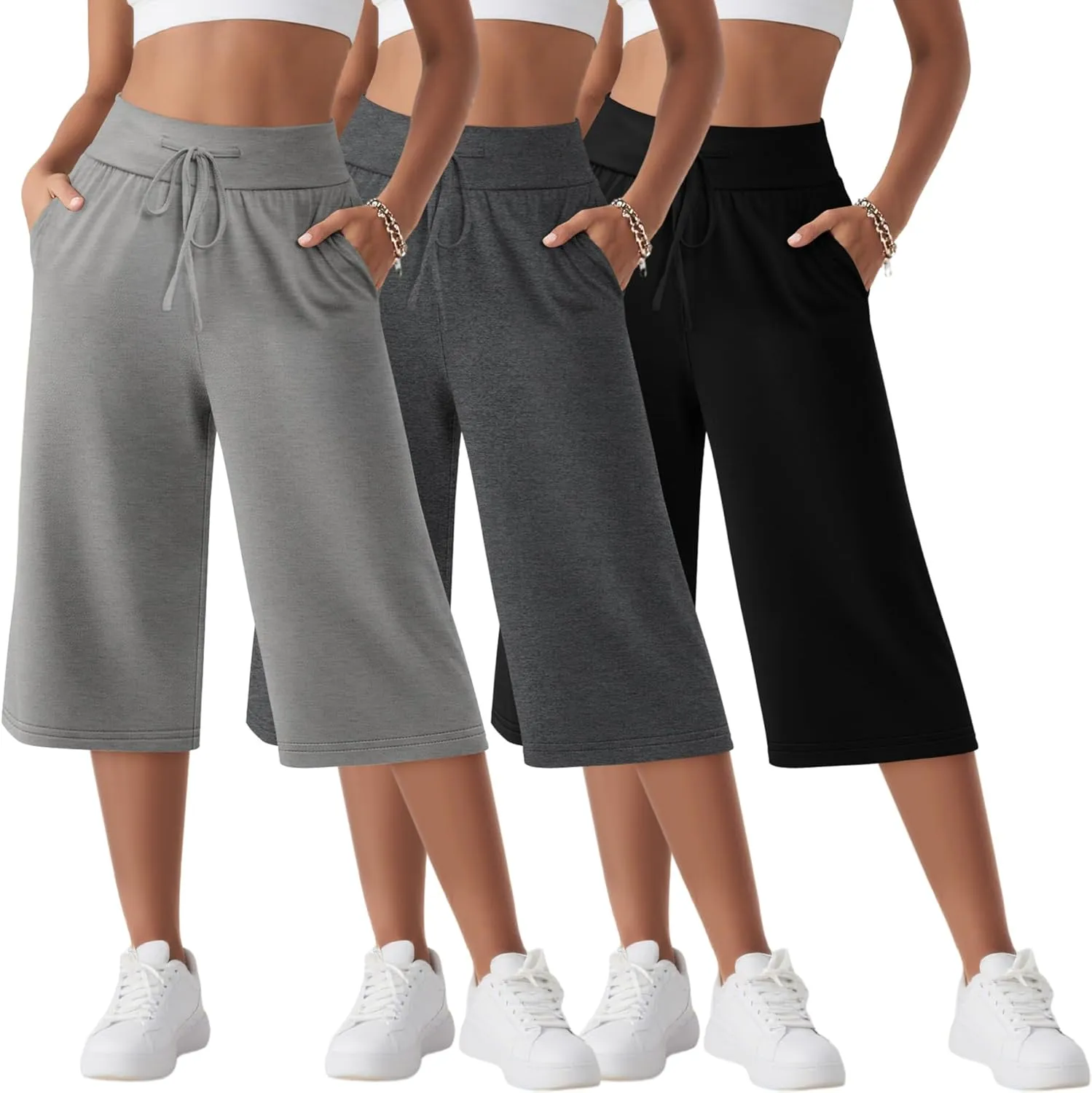 Neer 3 Pack Women's Capri Yoga Pants Cotton Wide Leg Drawstring Loose Sweatpants Comfy Lounge Cropped Pants with Pockets