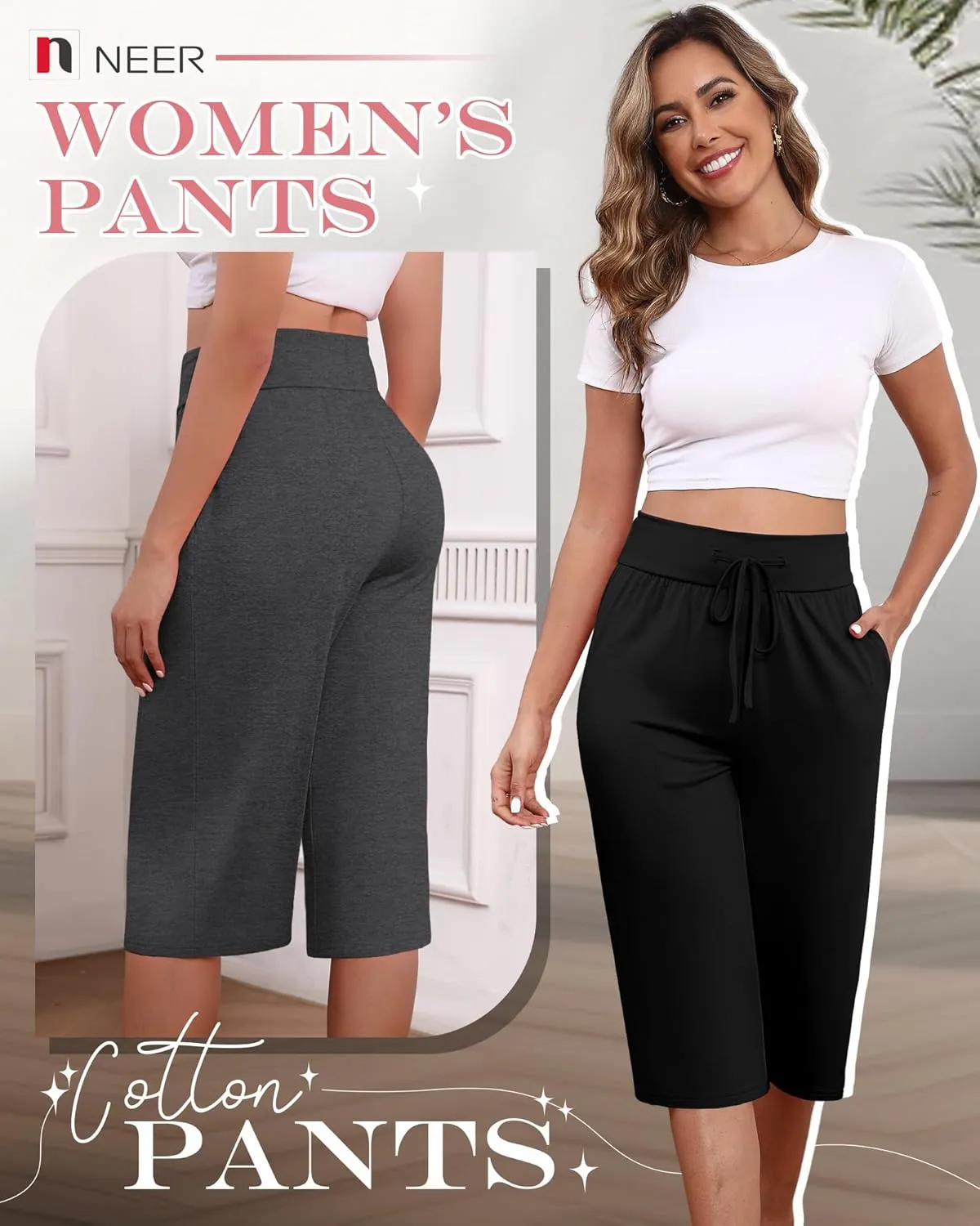 Neer 3 Pack Women's Capri Yoga Pants Cotton Wide Leg Drawstring Loose Sweatpants Comfy Lounge Cropped Pants with Pockets