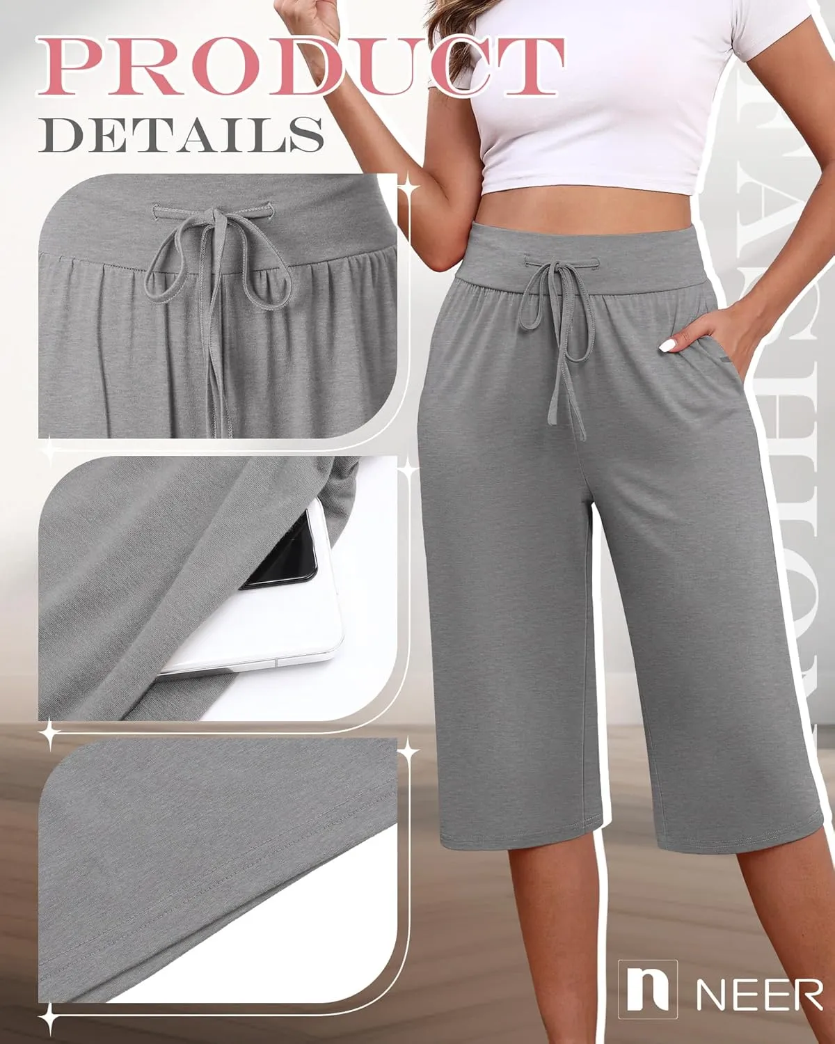 Neer 3 Pack Women's Capri Yoga Pants Cotton Wide Leg Drawstring Loose Sweatpants Comfy Lounge Cropped Pants with Pockets