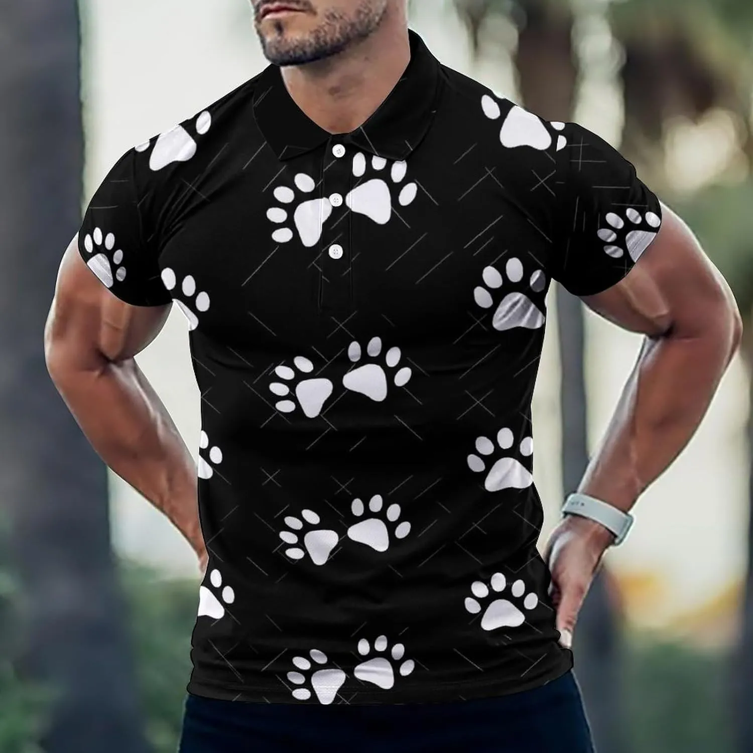 Paw And Check Twill Stripes Mens Polo Shirts Quick Dry Short Sleeve T-shirts Slim Tennis Collared Tees Tops