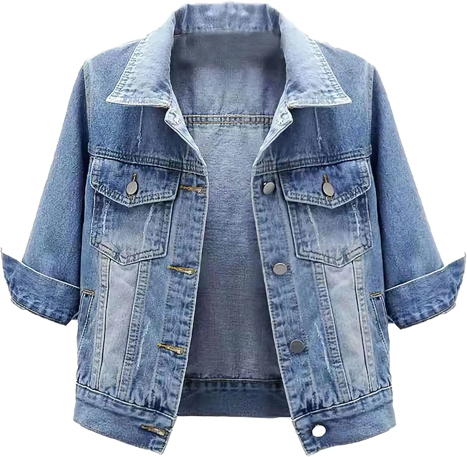 PEHMEA Women 3/4 Sleeve Denim Cropped Jacket Light Short Jean Jackets Outercoat