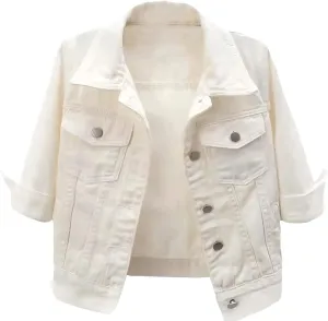 PEHMEA Women 3/4 Sleeve Denim Cropped Jacket Light Short Jean Jackets Outercoat