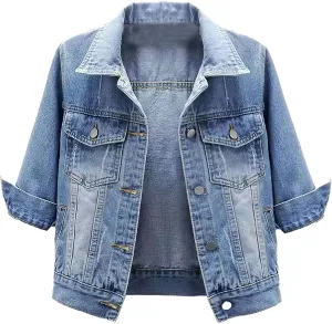 PEHMEA Women 3/4 Sleeve Denim Cropped Jacket Light Short Jean Jackets Outercoat