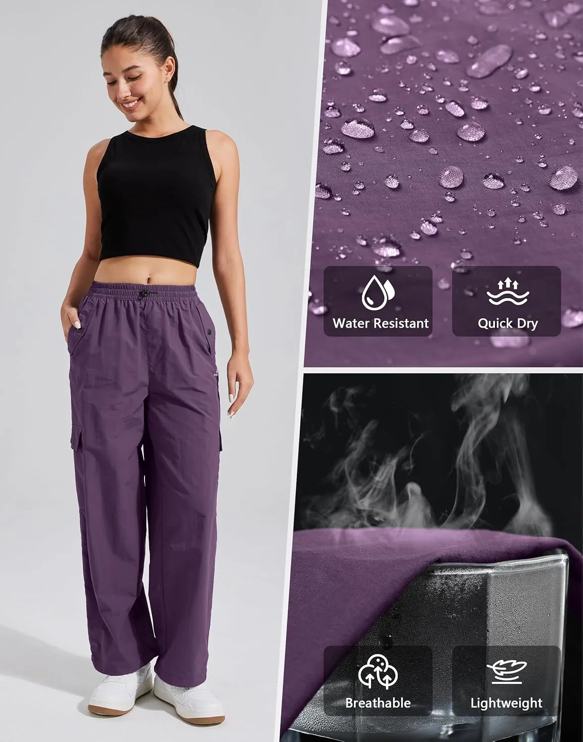 Pioneer Camp Womens Parachute Cargo Pants with Pockets Baggy High Waisted Quick Dry Hiking Pants Lightweight Wide Leg