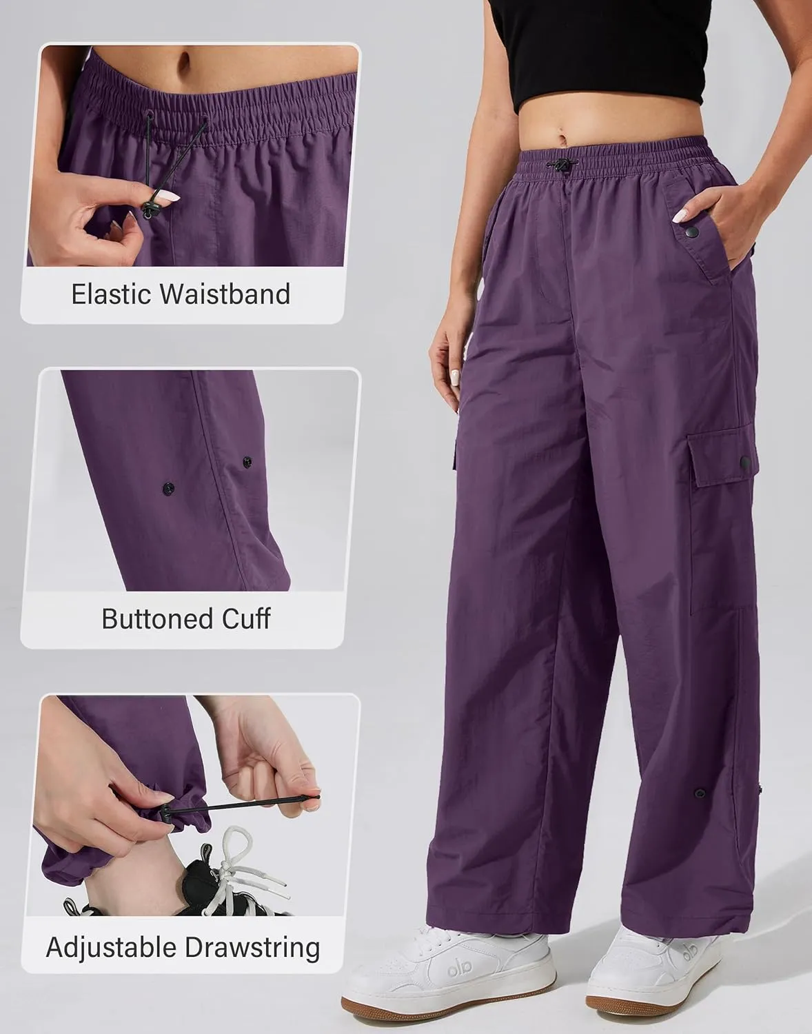 Pioneer Camp Womens Parachute Cargo Pants with Pockets Baggy High Waisted Quick Dry Hiking Pants Lightweight Wide Leg