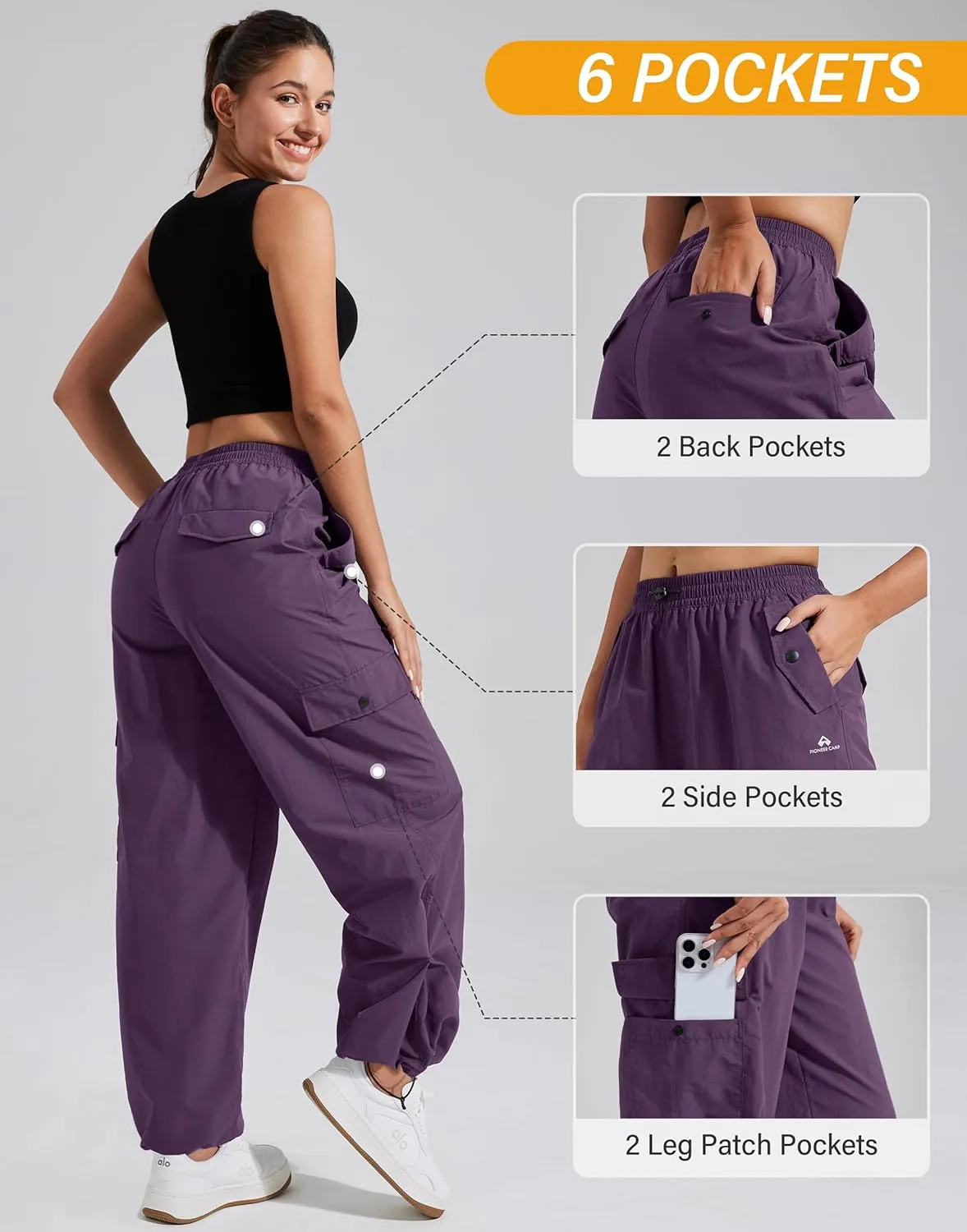 Pioneer Camp Womens Parachute Cargo Pants with Pockets Baggy High Waisted Quick Dry Hiking Pants Lightweight Wide Leg