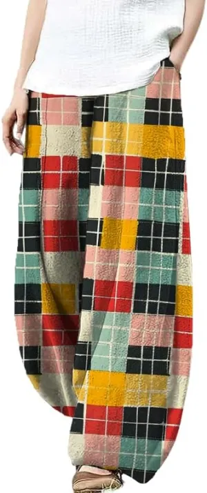 Plaid Pants for Women Pajama Wide Leg Plus Size Casual Lightweight Stripe Yoga Trendy Baggy Vintage Lounge Pants