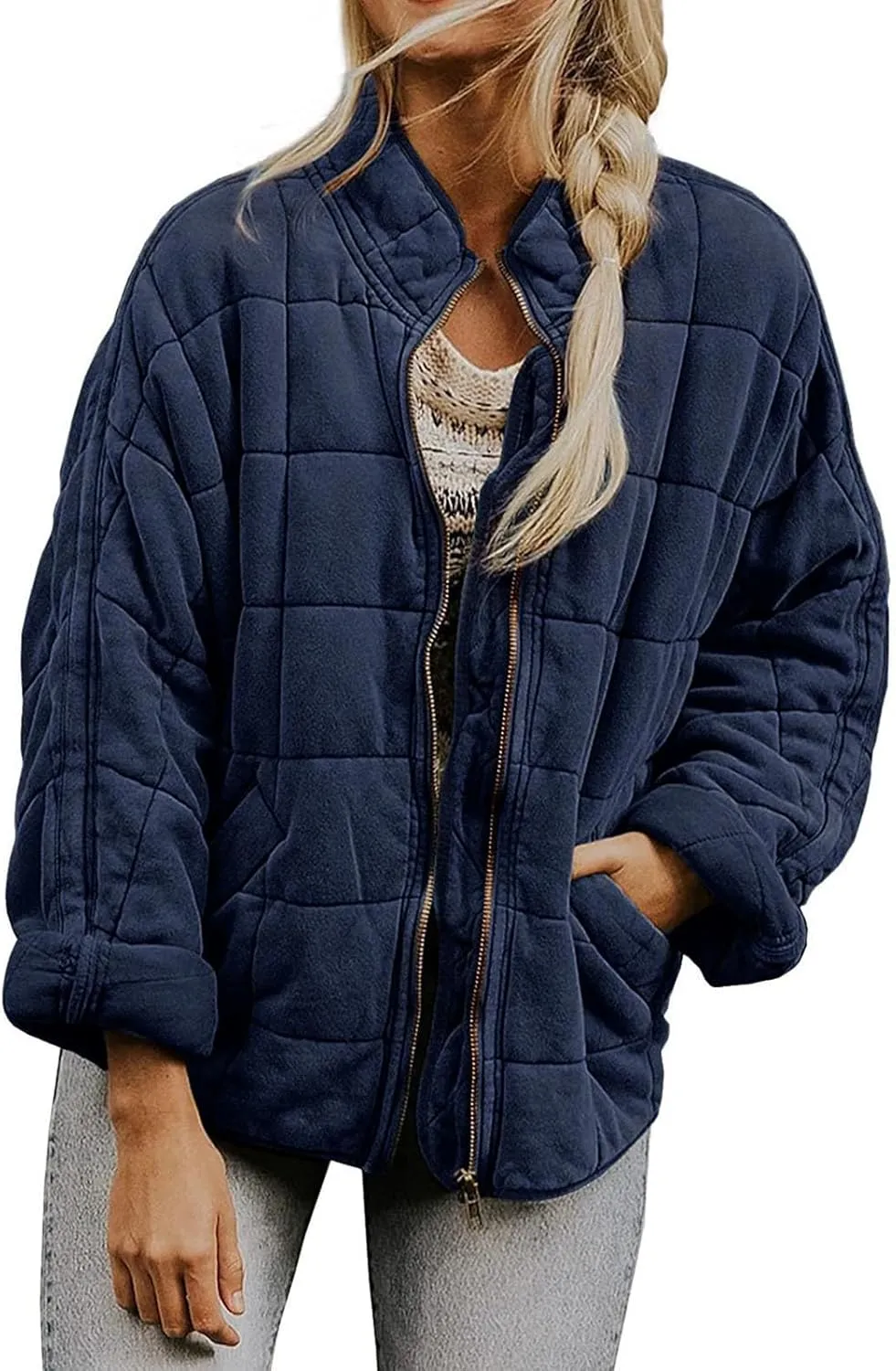 Quilted Jackets for Women Lightweight Dolman Sleeve Down Coats Zipper Padded Bomber Jackets Outwear with Pocket