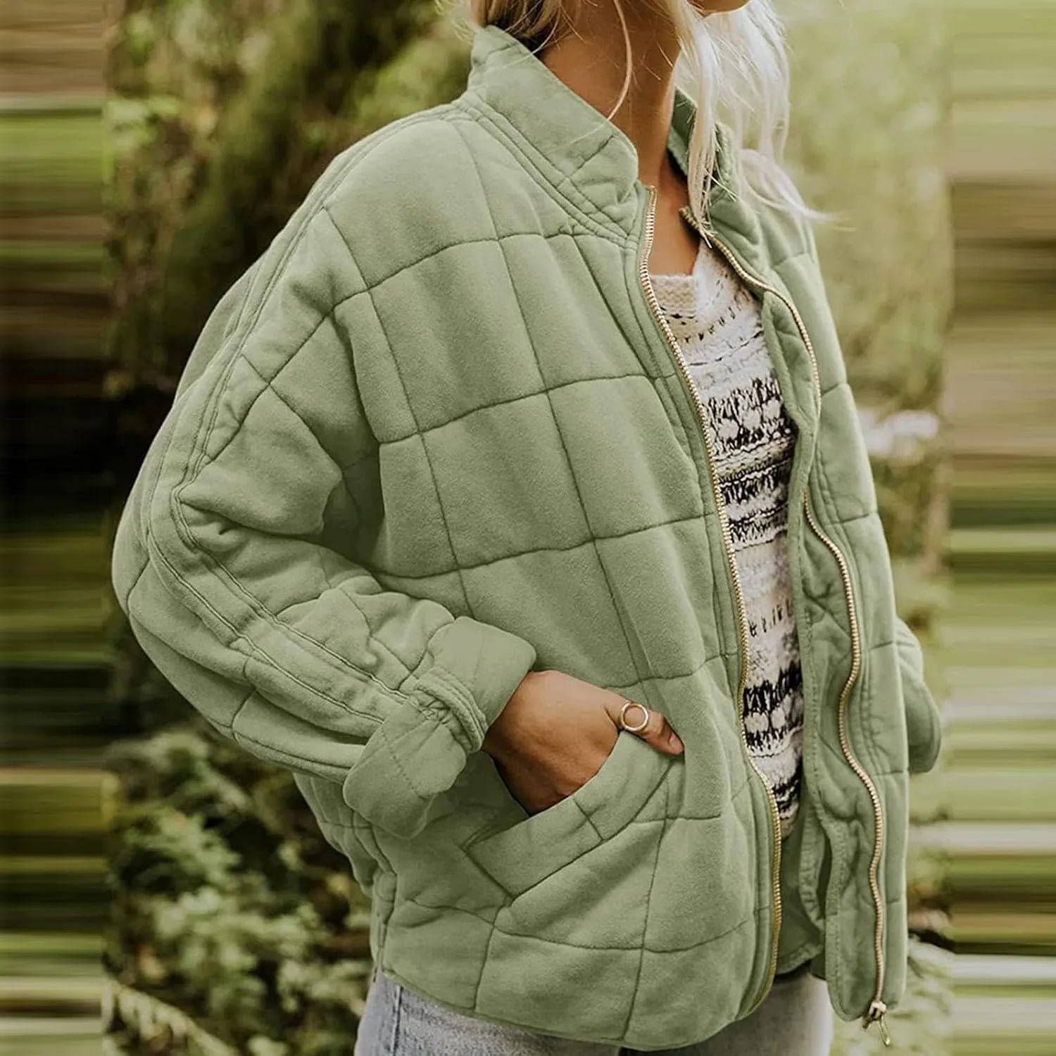 Quilted Jackets for Women Lightweight Dolman Sleeve Down Coats Zipper Padded Bomber Jackets Outwear with Pocket