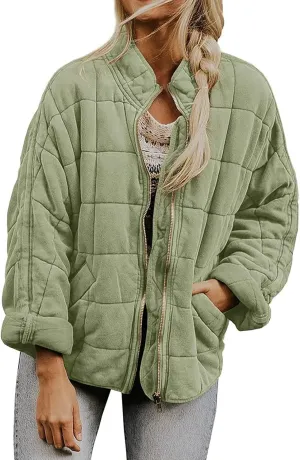 Quilted Jackets for Women Lightweight Dolman Sleeve Down Coats Zipper Padded Bomber Jackets Outwear with Pocket