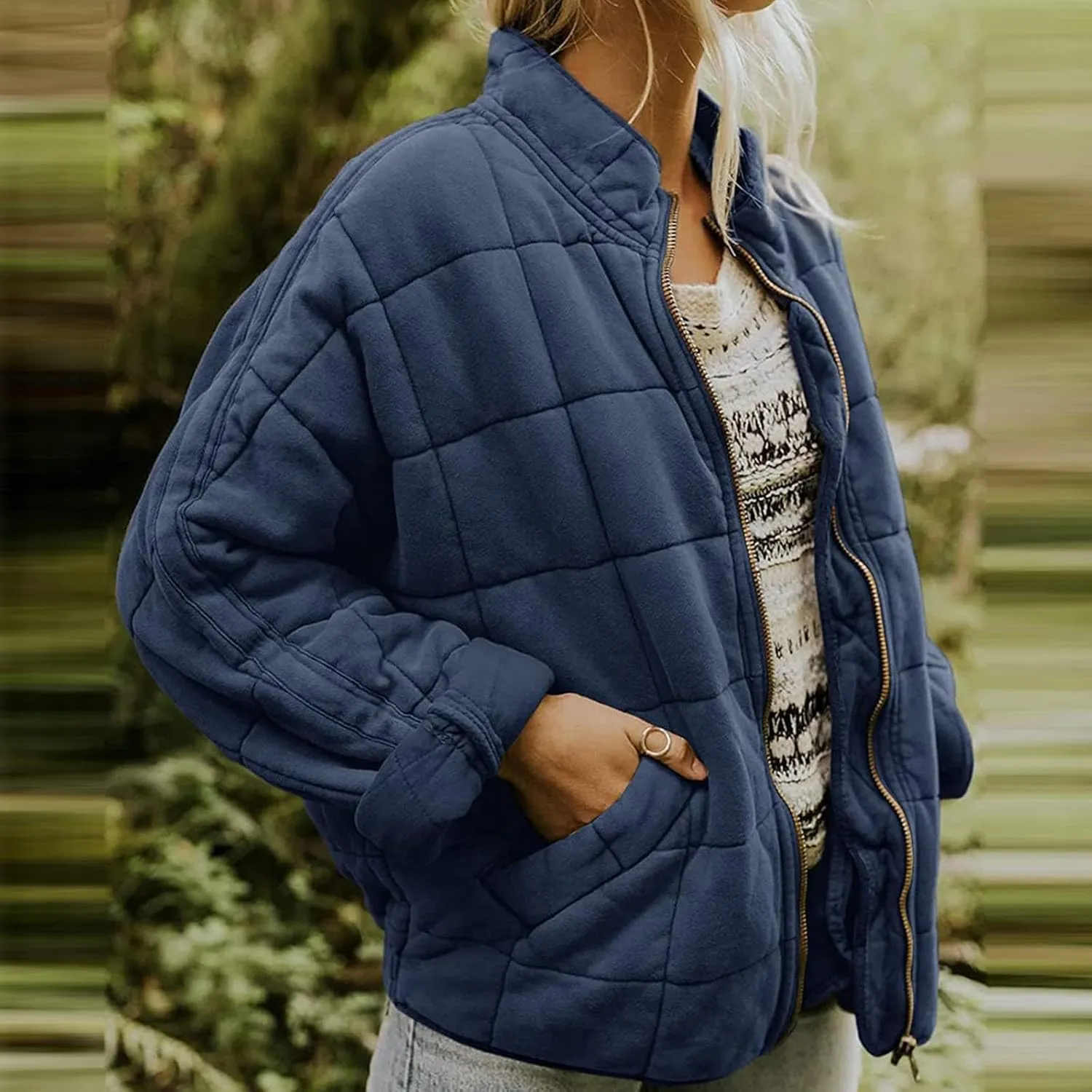 Quilted Jackets for Women Lightweight Dolman Sleeve Down Coats Zipper Padded Bomber Jackets Outwear with Pocket