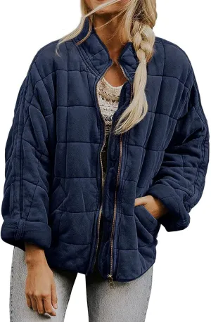 Quilted Jackets for Women Lightweight Dolman Sleeve Down Coats Zipper Padded Bomber Jackets Outwear with Pocket