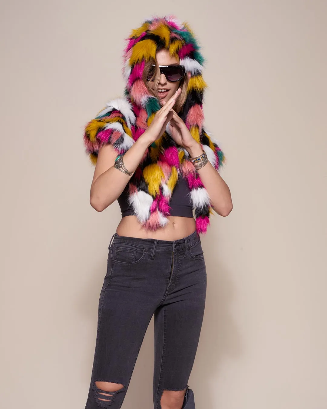 Rainbow Butterfly Hooded Faux Fur Shawl | Women's