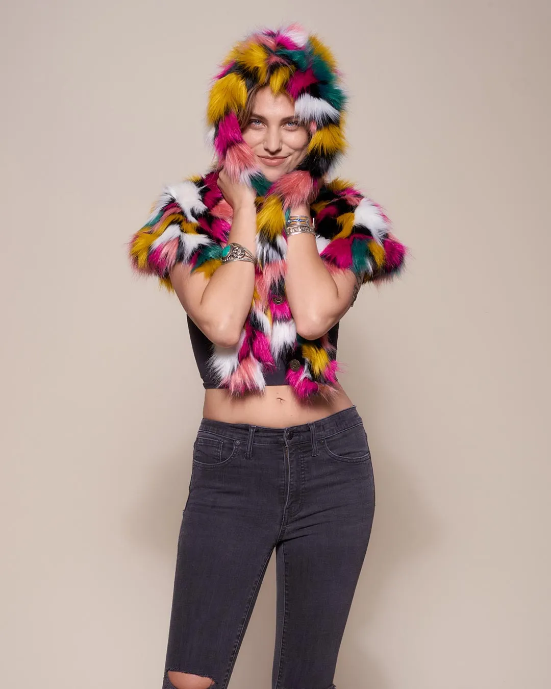 Rainbow Butterfly Hooded Faux Fur Shawl | Women's
