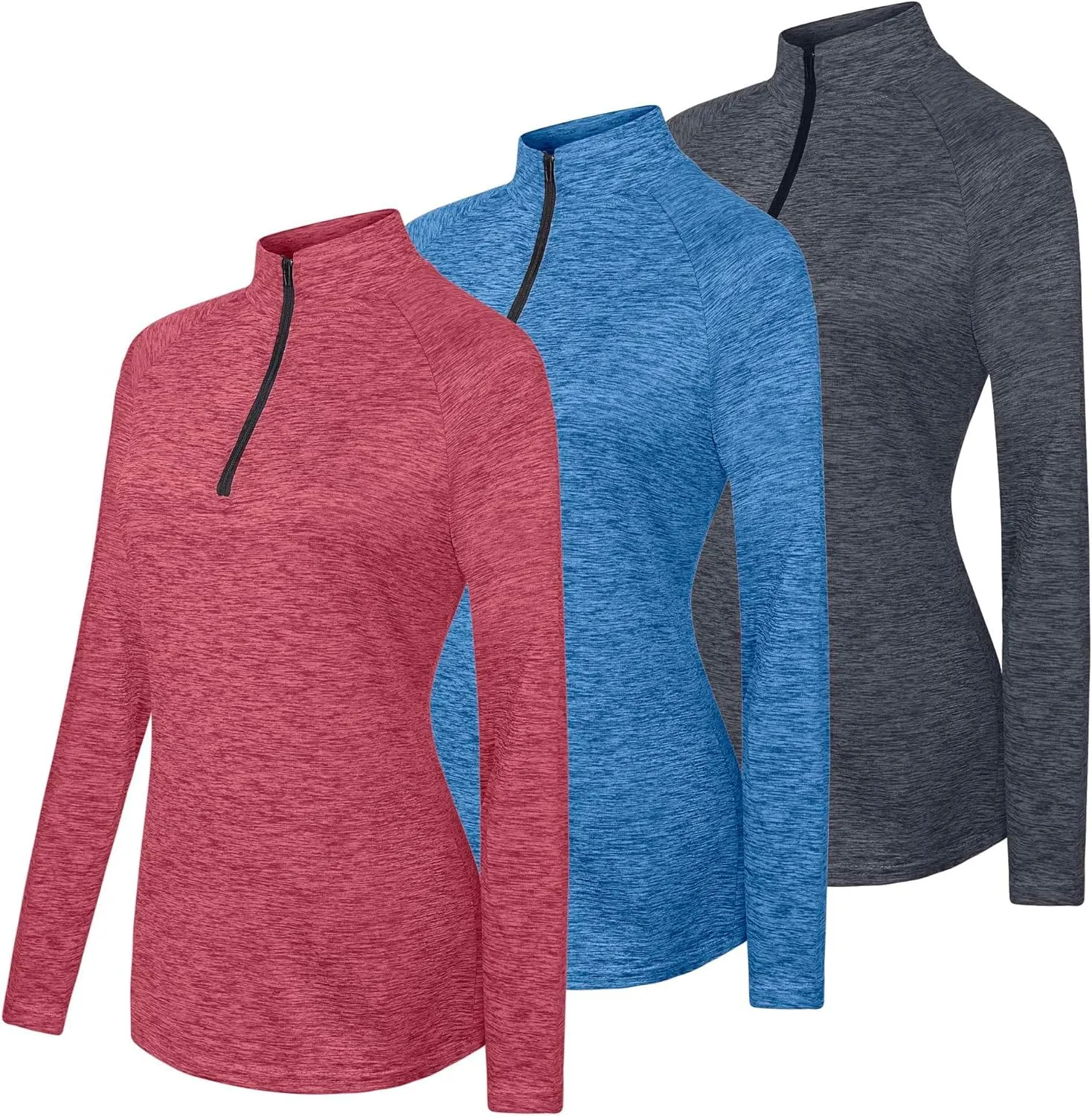 Real Essentials 3 Pack: Womens Dry-Fit Long Sleeve Quarter Zip & Full Zip Up Hoodie Workout Jacket (Available in Plus)