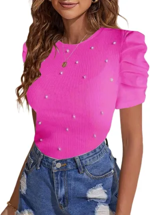 Remidoo Women's Casual Puff Short Sleeve Top Crewneck Solid Slim Fit T Shirt Blouse