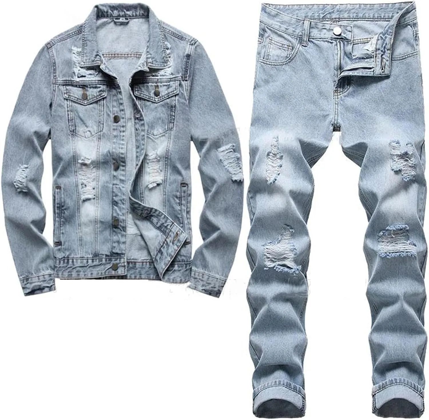 Ripped Slim-Fit Men's Pants Sets Light Blue Long Sleeve Denim Jacket And Jeans 2Pcs Set