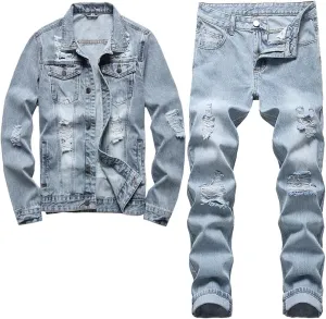 Ripped Slim-Fit Men's Pants Sets Light Blue Long Sleeve Denim Jacket And Jeans 2Pcs Set