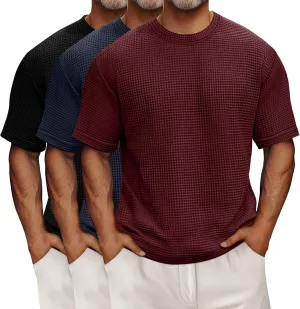 Riyiper 3 Pack Men's Big and Tall Waffle T Shirts, Short Sleeve Crew Neck Tops Casual Textured Knit Pullover Lightweight Tees