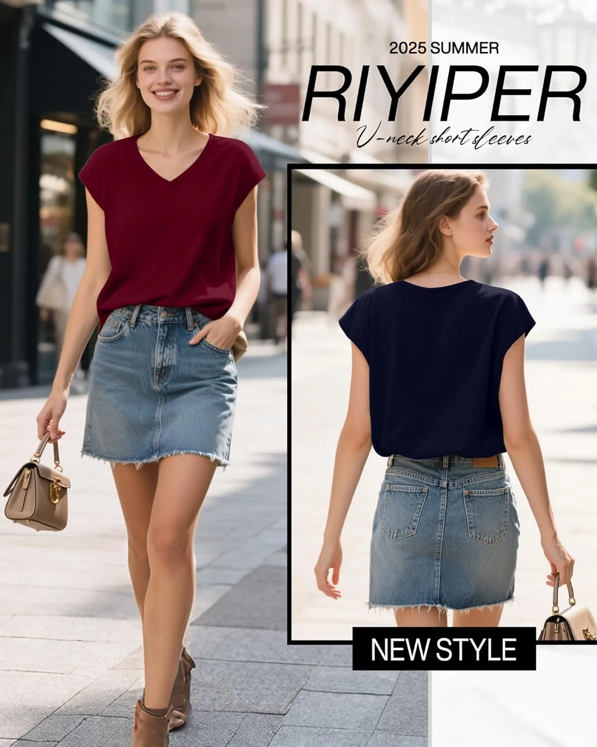 Riyiper 4 Pack Women's Cap Sleeve T-Shirts V Neck Loose Fit Cotton Tops Basic Cute Casual Summer Tees