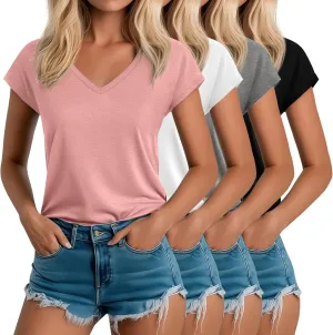 Riyiper 4 Pack Women's Cap Sleeve T-Shirts V Neck Loose Fit Cotton Tops Basic Cute Casual Summer Tees