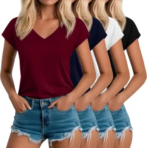 Riyiper 4 Pack Women's Cap Sleeve T-Shirts V Neck Loose Fit Cotton Tops Basic Cute Casual Summer Tees