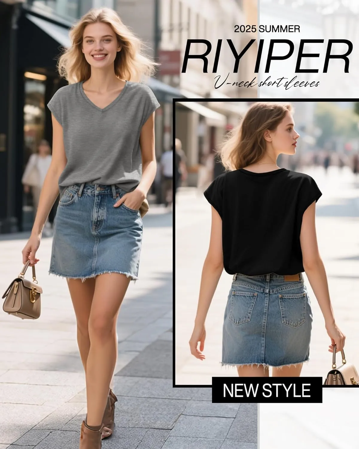 Riyiper 4 Pack Women's Cap Sleeve T-Shirts V Neck Loose Fit Cotton Tops Basic Cute Casual Summer Tees