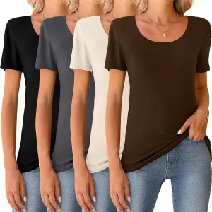 Riyiper 4 Pcs Womens Short Sleeve Shirts Scoop Neck Basic Casual T Shirts Women Basic Light Weight Layer Summer Tees